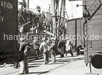 644_5 Feierabend bei Arbeitern im Hamburger Hafen - die Hafenarbeiter verlassen ber die Gangway den Frachter am Rokai. Die meisten Mnner tragen die typische Hamburger Schirmmtze, den "Elbsegler" und einen Zampel. In diesem Beutel tragen sie ihre Verpflegung fr den Arbeitstag.