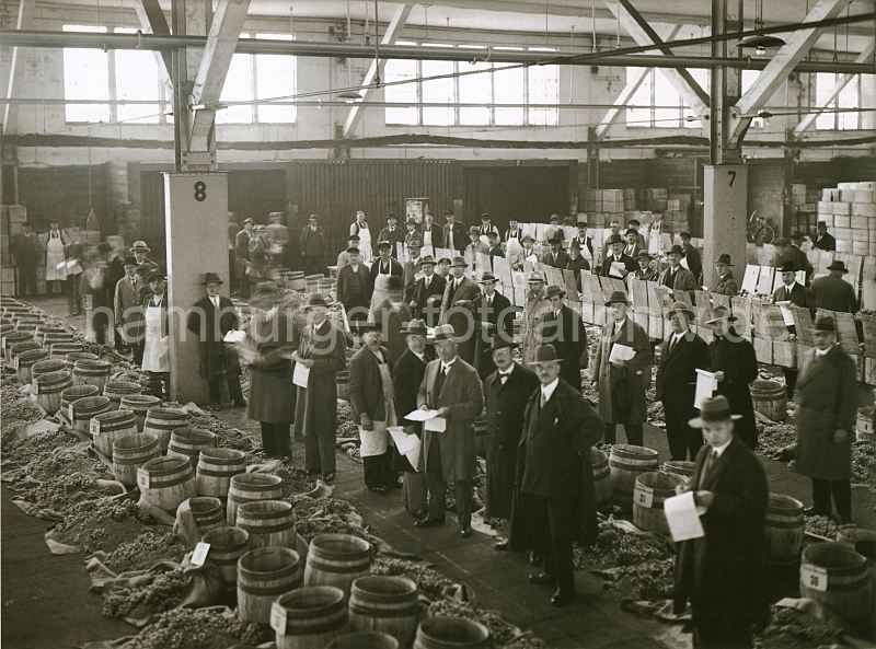 Alte Hafenbilder aus dem Fotoarchiv der Hamburger Hafen und Logistik AG (HHLA)- Fruchtauktion Fruchtschuppen 22 der HHLA, Baakenhafen - Versmannkai; ca. 1930.468_061_34 Die F�sser mit den Weintrauben sind ge�ffnet, die Fr�chte sind zur Begutachtung ausgestellt. Die Fruchtaukiton findet im klimatisierten Lagerschuppen 22 am Versmannkai des Baakenhafens statt.