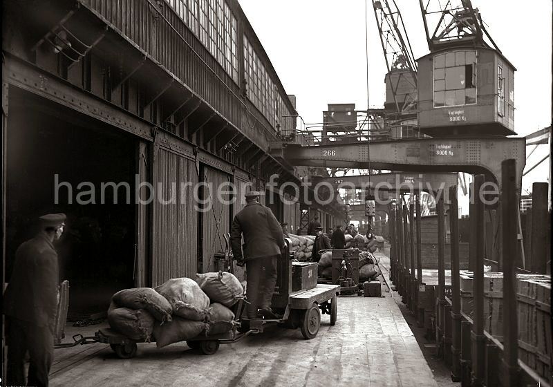 Arbeitsfotos historischer Hamburger Hafen. Elektrokarren mit Anhnger - Ladung Scke auf die Rampe - Lastwaage, Gterzug, Halbportalkrane. 485_54 Ein Lagerarbeiter bringt eine Ladung Scke mit seinem Elektrokarren, der zwei Anhnger hat auf die Laderampe. Im Hintergrund liegen Scke auf einer Waage. Ein Gterzug steht unter den Halbportalkrnen auf der Gleisanlage vor dem Lagerschuppen bereit, mit der Fracht beladen zu werden.