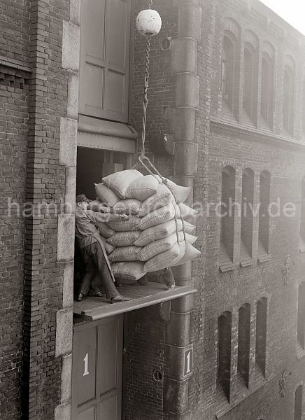 Eine Hieve Scke kommt auf dem Lagerboden an. Hafenbilder auf Fotoleinwand mit Rahmen oder Poster zum schenken fr Weihnachten, Geburtstag, Jubilaeum oder zur Dekoration. 500_506 Eine Hieve mit Kaffeescken wird auf dem Lagerboden von den Lagerarbeitern in Empfang genommen. Sie ziehen die Ladung in die Trffnung, um die Scke dann ins Lager zu transportieren.