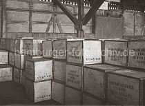 572_652 Kisten mit Rohkautschuk in einem Lagerschuppen im Hamburger Hafen - die Kistenaufschrift zeigt, dass der Rohstoff von den Dutch East Indies stammt und in Belawan verschifft wurde.