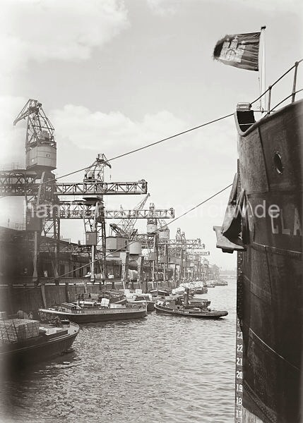 Historische Fotos aus dem Archiv der HHLA. Krane und Schuten im Indiahafen; Hamburgfotos: Geschenken zu Weihnachten aus Hamburg. 590_665 Blick auf den Kamerunkai im Hamburger Indiahafen; dicht an dicht liegen die Schuten an der Kaimauer und werden ber dei Halbportalkrane befrachtet. Ein kleiner Schlepper zieht gerade einen der Lastkhne in das Hafenbecken. 