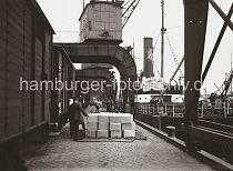 596_554 Eine Hieve Pappkartons, die mit einem Netz zusammen gehalten werden, bringt einer der Hafenkrane an Land. Im Vordergrund liegt ein Stapel Kartons auf dem Hafenkai und soll von den Arbeitern in den bereit stehenden Güterwaggon eingeladen werden.