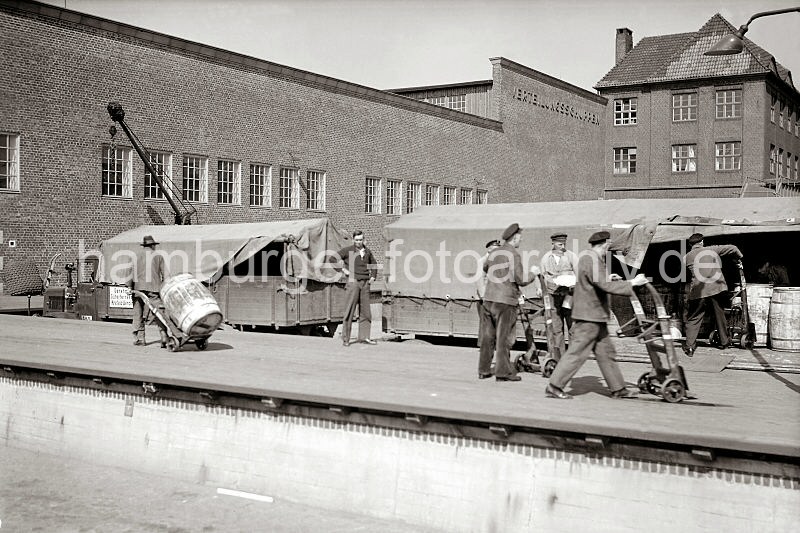 Fotos von der Geschichte des Hamburger Hafens - Arbeit auf der Laderampe, Verteilungsschuppen 57, Kamerunkai / Indiahafen - Lastwagen mit Anhnger. 611_388 An der Laderampe des Verteilungsschuppens 57 am Kamerunkai des Indiahafens wird ein Lastwagen mit Anhnger von den Arbeitern entladen. Mit Sackkarren nehmen die Lagerarbeiter die groen Holzfsser auf und bringen sie in das Lagerhaus. Der LKW hat ein Schild an der Tr mit der Aufschrift "Genehmigter Fernverkehr Krefeld-Uerdingen". 