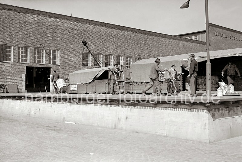 Historische Fotografien aus dem Bildarchiv der Hamburger Hafen und Logistik AG. Entladung von Lastwagen mit Anhnger am Verteilungsschuppen 57, Kamerunkai / Indiahafen. 614_388a Ein Lastwagen mit Anhnger wird an der Laderampe fr LKW entladen. Hafenarbeiter transportieren mit Sackkarren groe Holzfsser in den Verteilungsschuppen 57 am Kamerunkai des Hamburger Indiahafens. Ein Arbeiter steht auf der Ladeflche des Anhngers und stellt mit Hilfe eines Handhakens Flaschen aus Metall auf die Rampe.