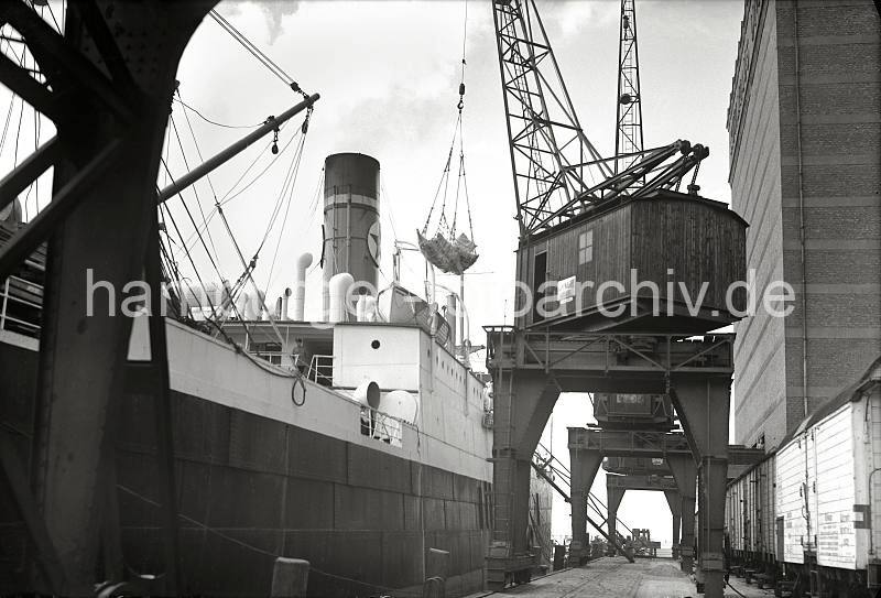 Alte Aufnahmen Hamburg Altona - Kaianlage vor dem Khlhaus Hamburg Neumhlen; Khlfrachter - Portalkran; 1938. Altonaer Fotografien auf FotoleinwandLeinwand + als Fotoposter.  818_B_289 Einer der Portalkrne hat eine Ladung gefrorener Tierhlften in seinem Transportnetz - am Hafenkai liegt ein Khlfrachter. Recht das UNION KHLHAUS in Hamburg Neumhlen, davor weisse Khlwaggons der Deutschen Reichsbahn.