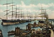 k_119687 historisches Bild vomHhamburger Hafen : Die Segelschiffe liegen in der Mitte des Hafenbeckens und beim Kai im Hamburger Segelschiffhafen (ca. 1900); im Vordergrund Schuten, die mit Kohle, Kisten oder anderer Ware beladen sind.