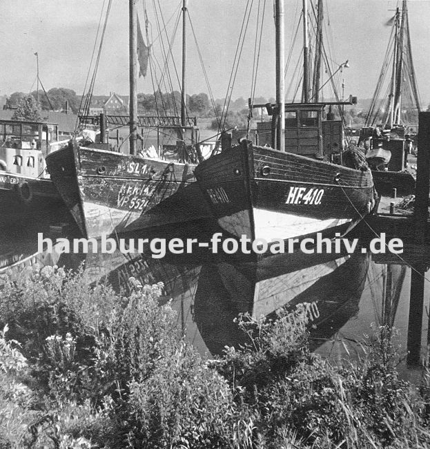 0954030 Fischerboote liegen im Finkenwerder Hafen - das Kennzeichen am Bug des rechten Fischereibootes "HF" zeigt die Herkunft des Schiffs aus Hamburg Finkenwerder.  