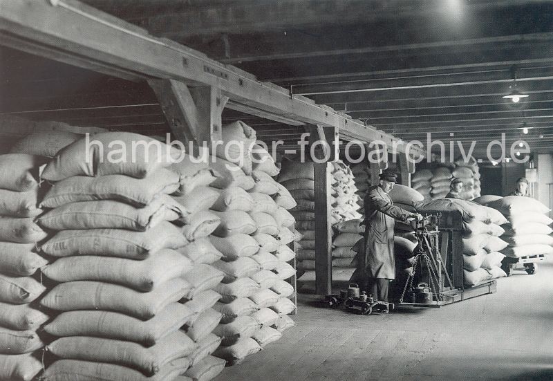 311_506a Scke mit Kaffeebohnen sind auf einem Speicherboden im Kaispeicher A / Kaiserspeicher gelagert. Lagerarbeiter wiegen Kaffeescke mit einer transportablen Waage - die nicht genutzten Gewichte stehen auf einem kleinen Wagen mit Rdern und knnen so auch mit zu dem nchsten Wiegevorgang gezogen werden